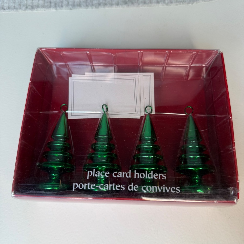 Pier 1 Imports Christmas Tree Holiday Place Card Holders Green Metallic Set of 4